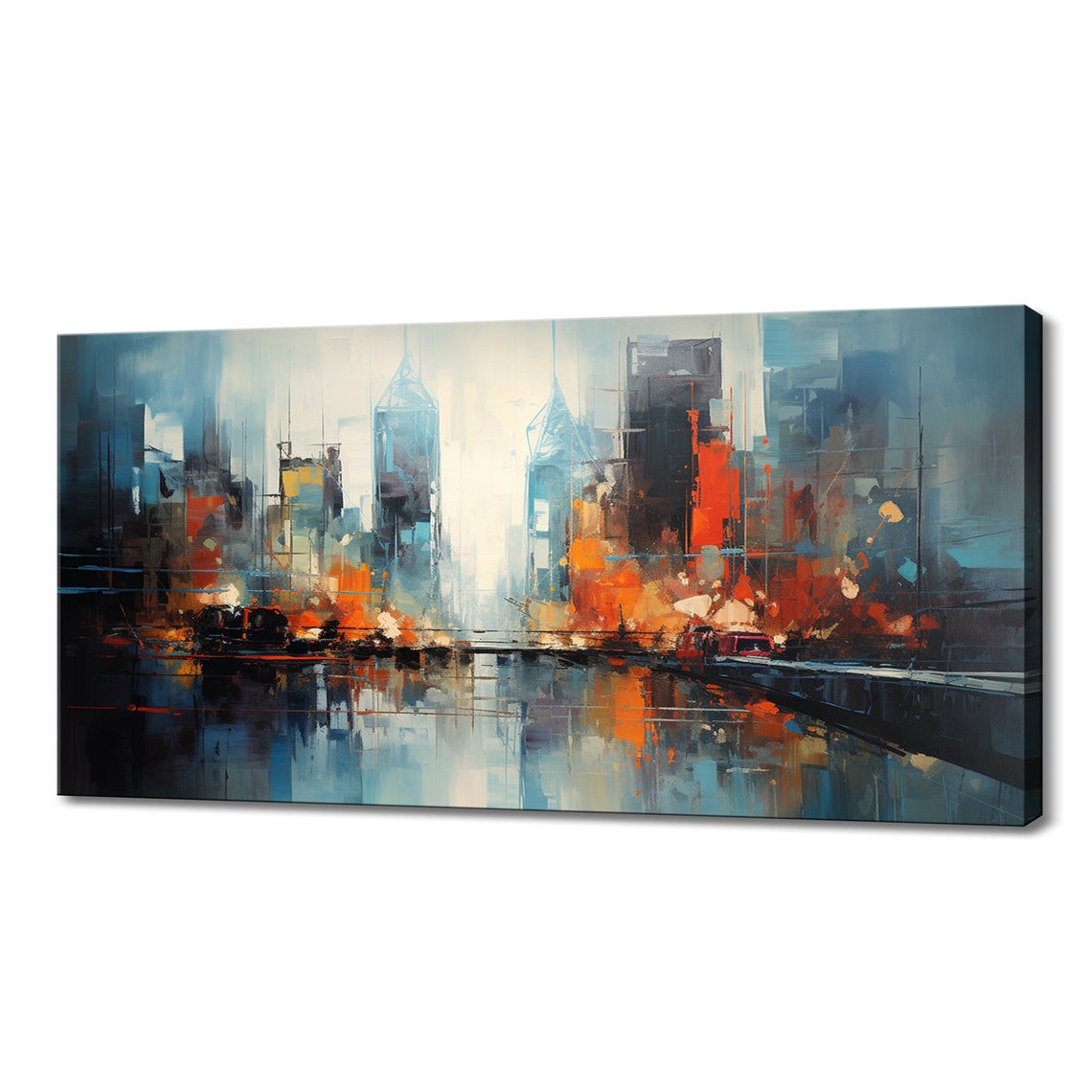 Abstract Night City Skyline Lights Reflections Blue Orange Art Poster