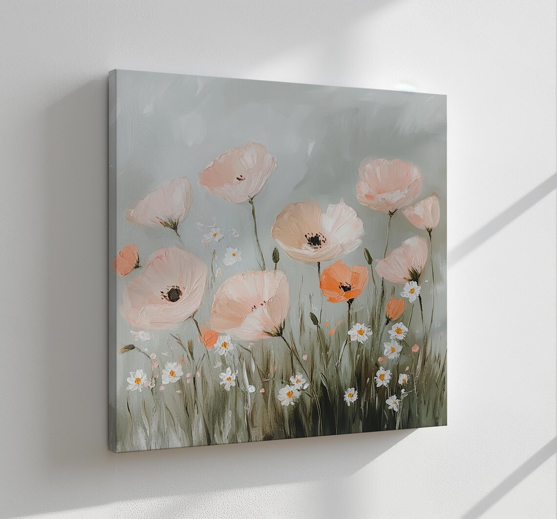 Peach Poppy Flowers With White Daisies Soft Botanical Painting Poster