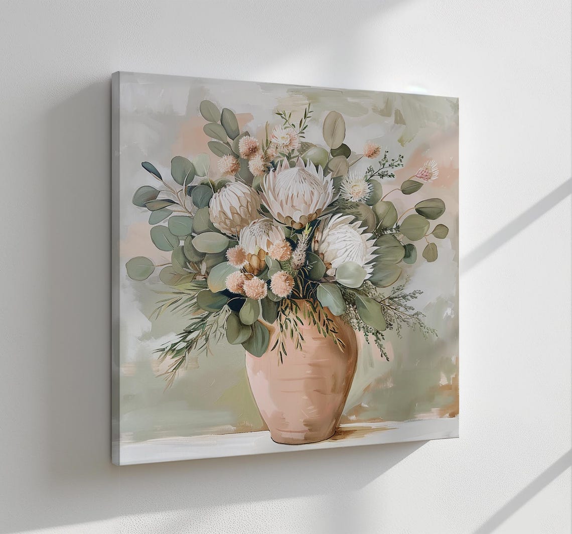 Pastel Flower Bouquet In Terracotta Vase Eucalyptus Painting Poster