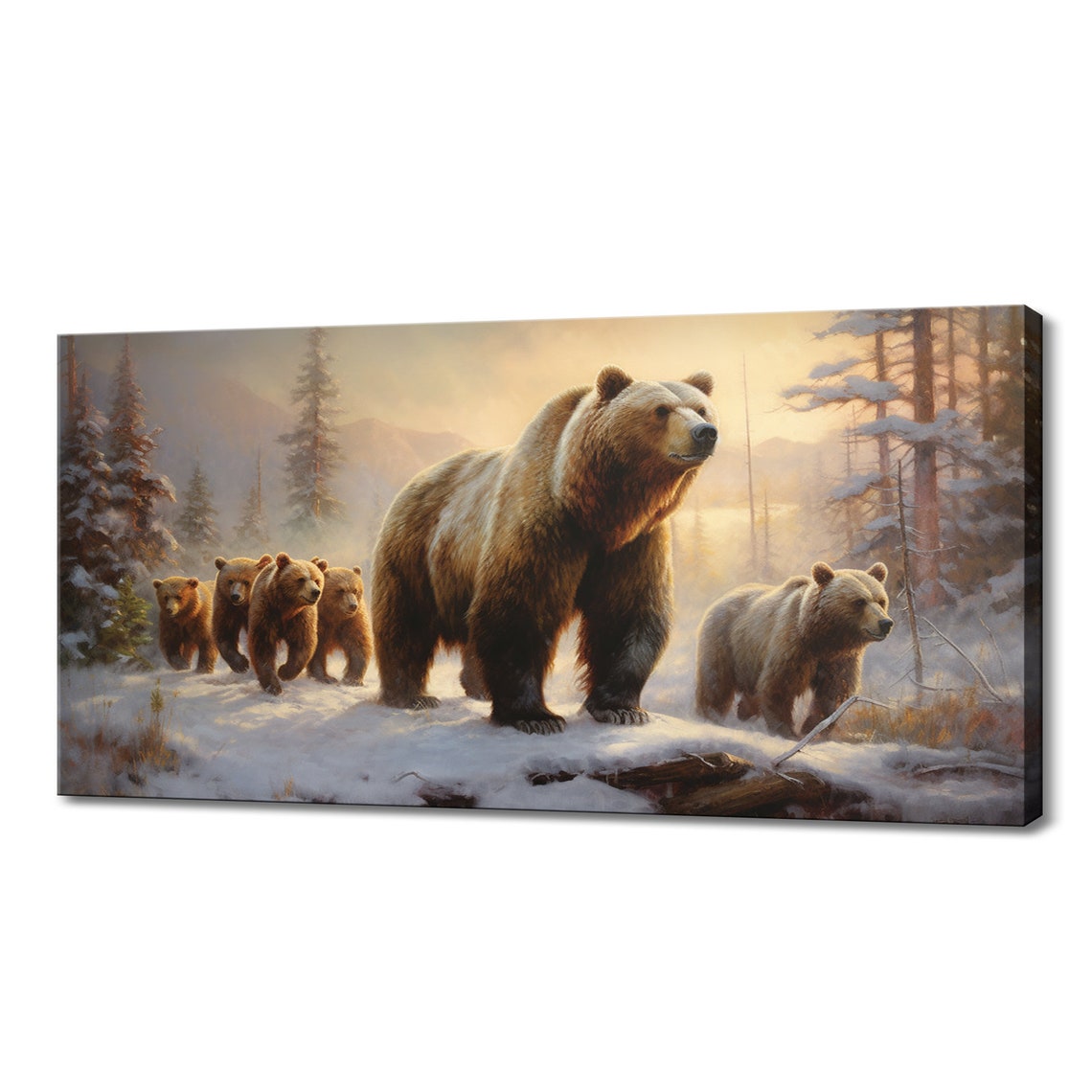 Grizzly Bear Family Snowy Forest Cubs Realistic Winter Wildlife Poster