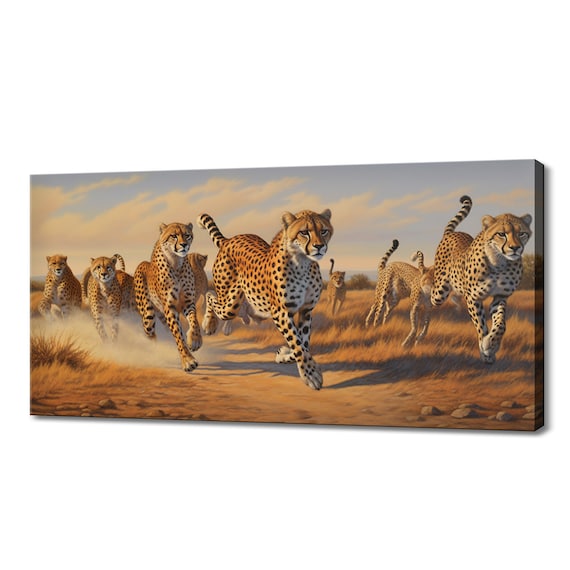 Cheetah Pack Running Across Savanna Sunset Wildlife Action Poster