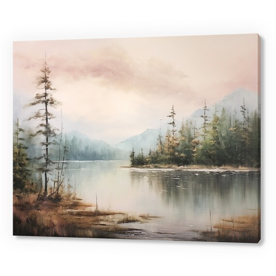 Vintage River Forest Trees Landscape Antique Countryside Print Moody Painting Print Living Room Wall Art Farmhouse Decor Art