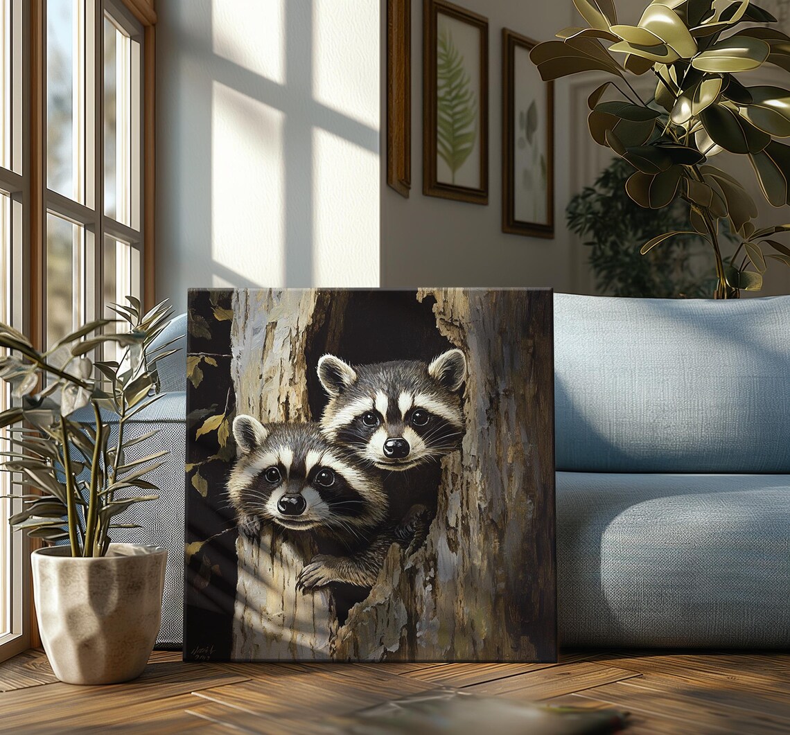 Adorable Baby Raccoons In Hollow Tree Dark Woodland Wildlife Portrait Poster - Image 4