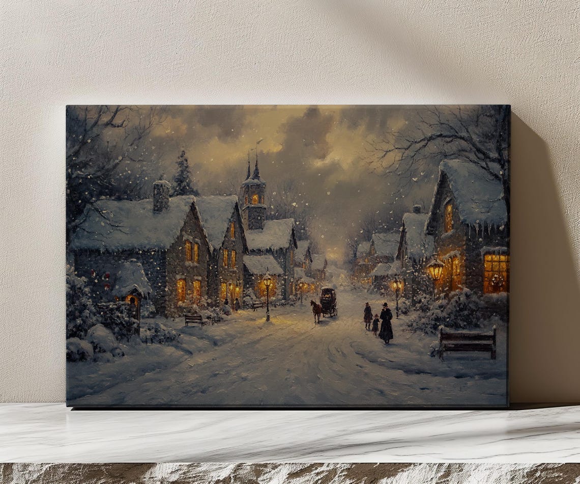 Road Through Magical Christmas Village Houses Vintage Painting Print Countryside Print Living Room Wall Art Farmhouse Decor Art