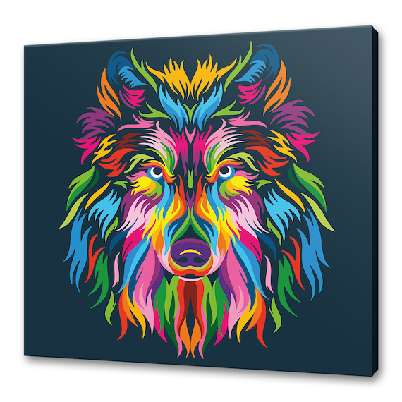 Colourful Wolf Head Neon Pop Art Portrait Dark Background Poster