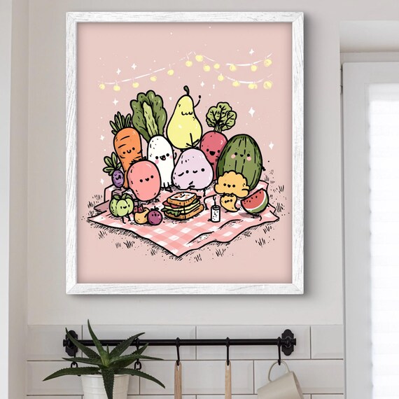Kawaii Fruit Doodle Print Kids Nursery Pastel Wall Art