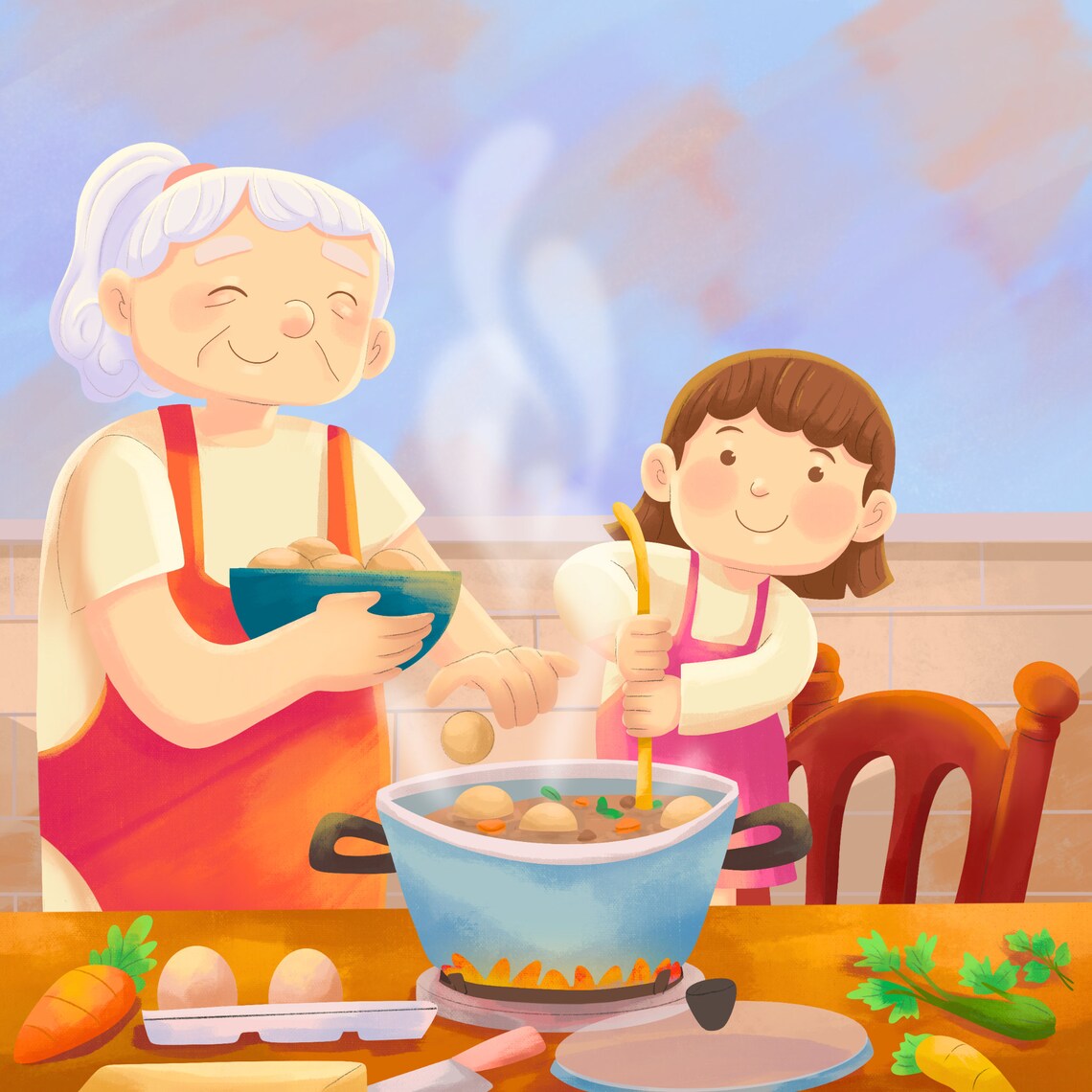 Grandmother and Granddaughter Cooking Together Illustration Poster