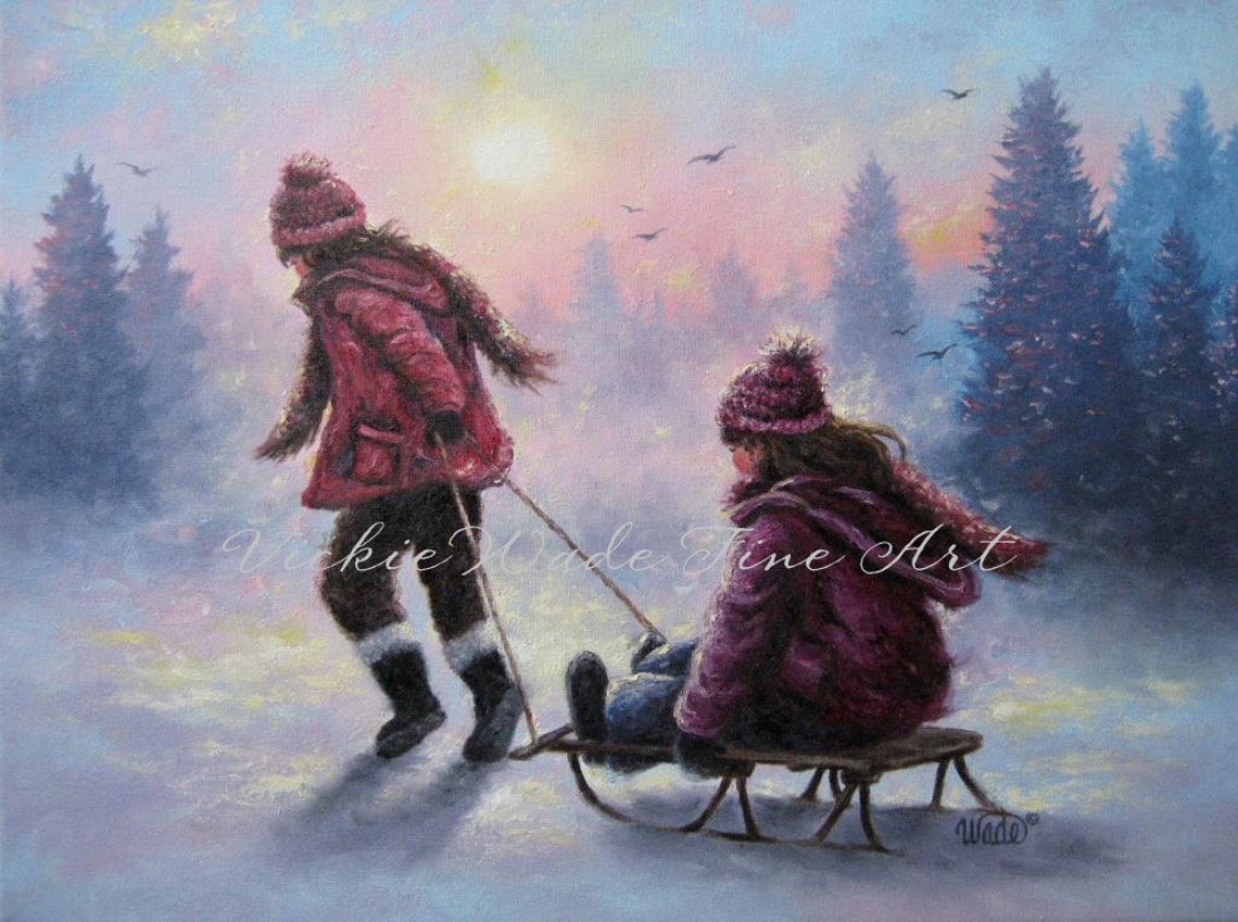 Two Sisters With Wooden Sled In Snowy Forest At Sunset Poster