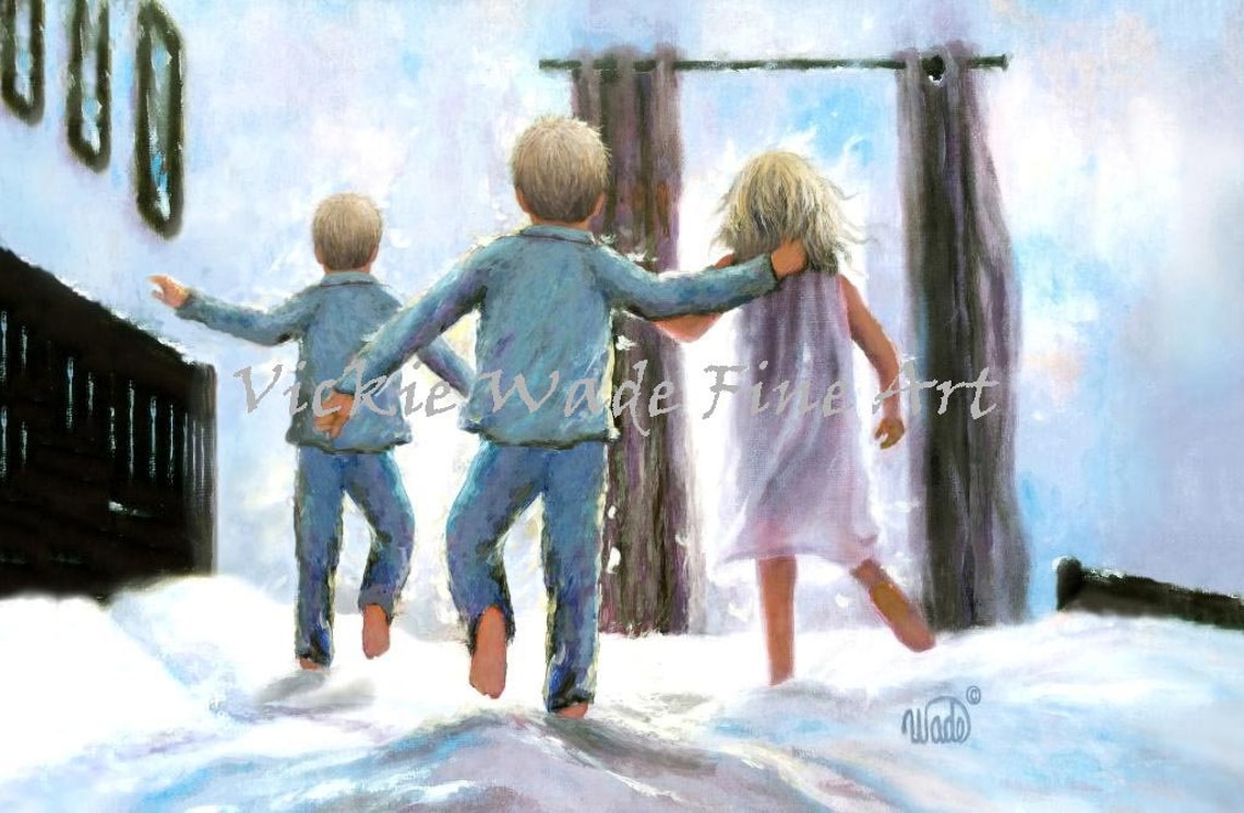 Three Children In Pajamas Jumping On The Bed At Morning Poster