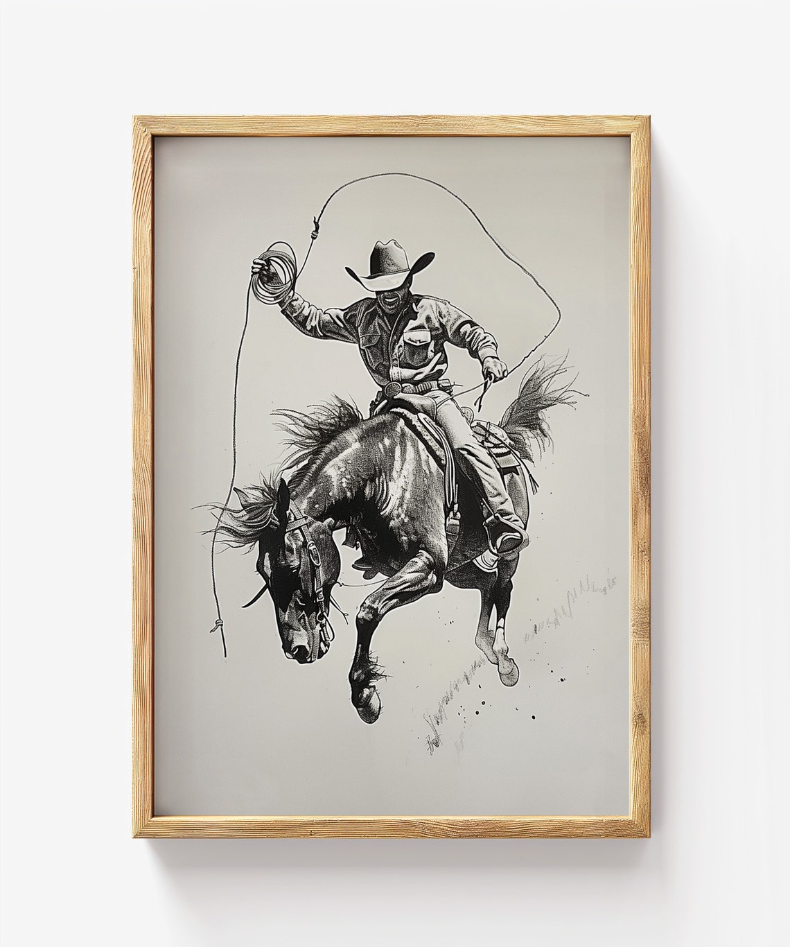 Vintage Cowboy Bucking Horse Lasso Sketch Western Rodeo Poster