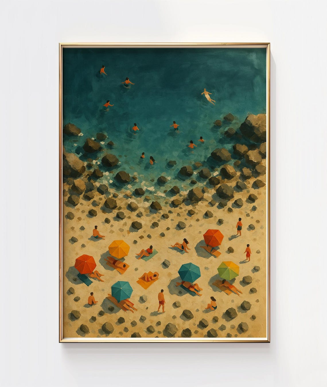 Rocky Cove Beach Aerial Painting Colorful Umbrellas Summer Poster