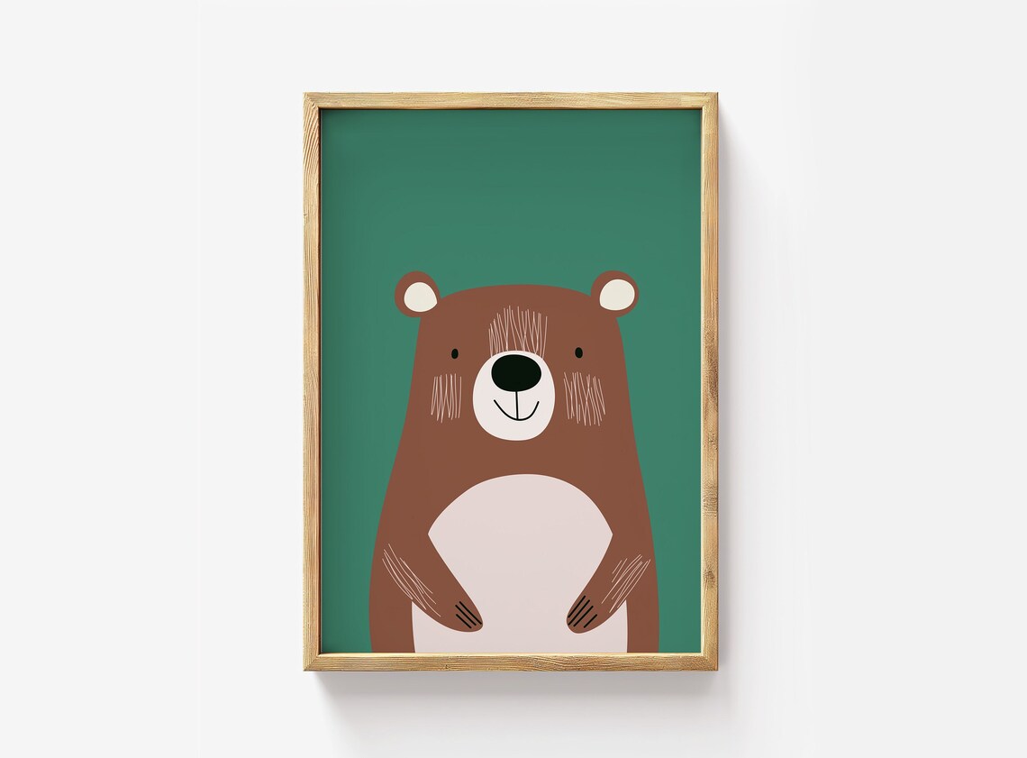 Cute Brown Bear Smiling Nursery Kids Room Cartoon Animal Poster