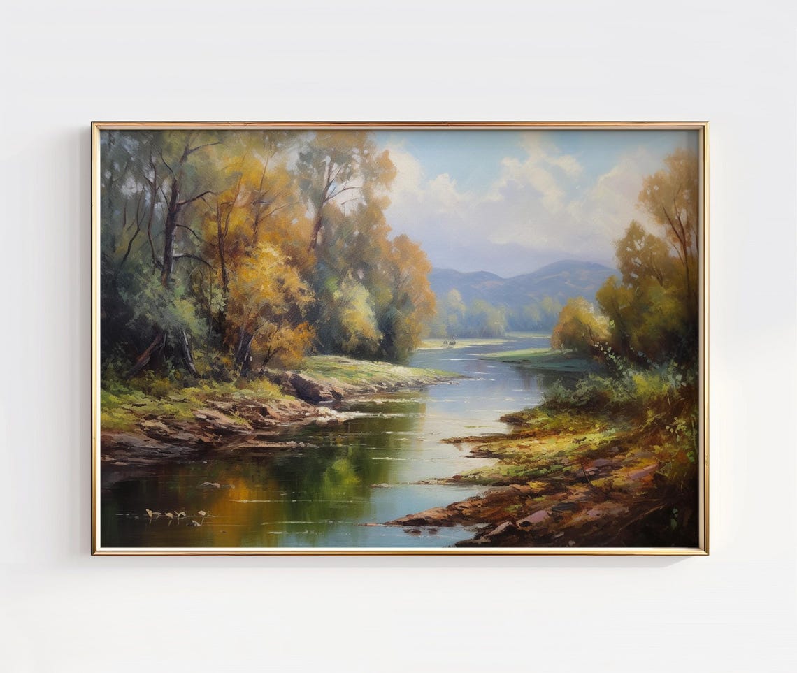 Autumn River Landscape Art Print Serene Fall Trees