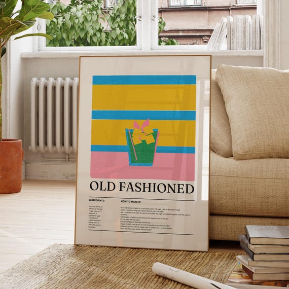 Old Fashioned Cocktail Recipe Classic Retro Bar Mixology Kitchen Poster