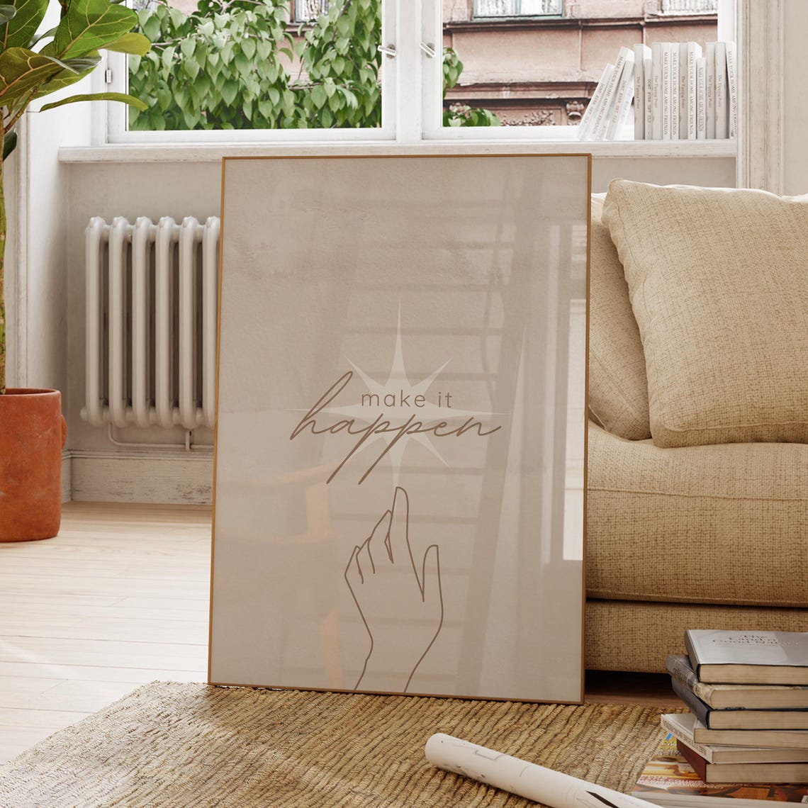 Make It Happen Inspirational Script Beige Minimal Line Art Poster