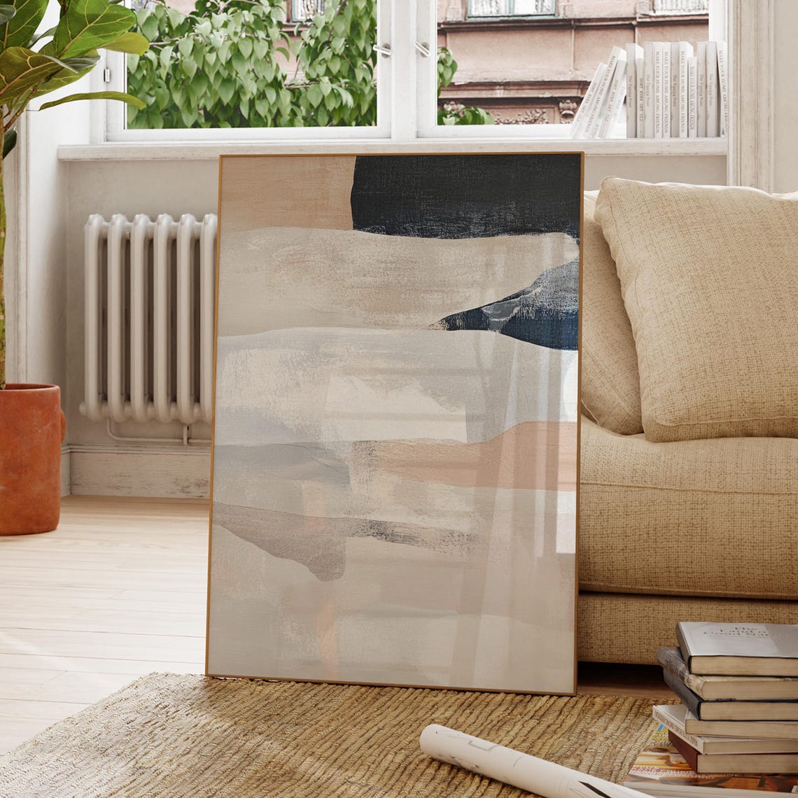 Neutral Beige Abstract Painting Navy Accent Modern Minimal Art Poster