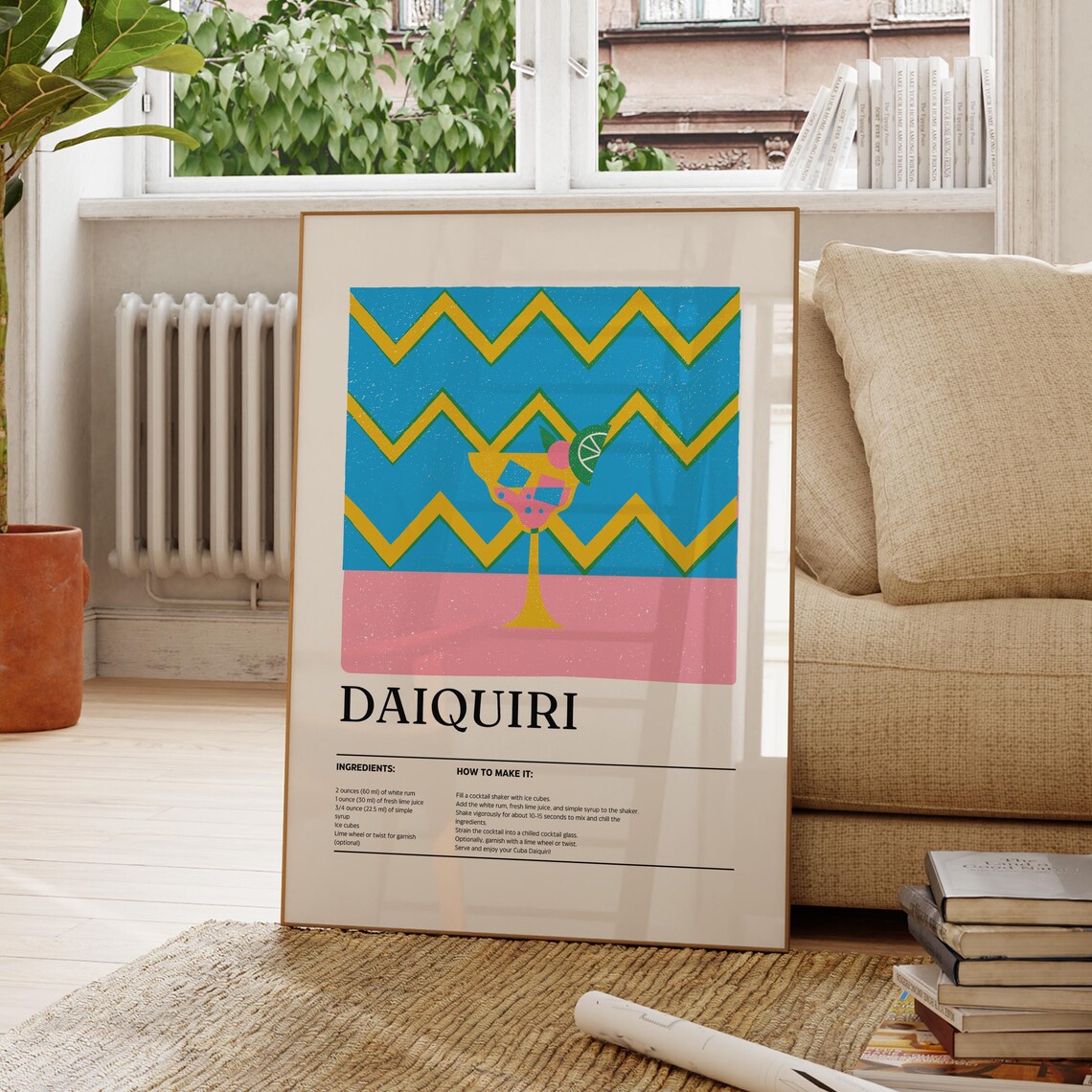 Daiquiri Cocktail Recipe Retro Zigzag Tropical Bar Cart Poster
