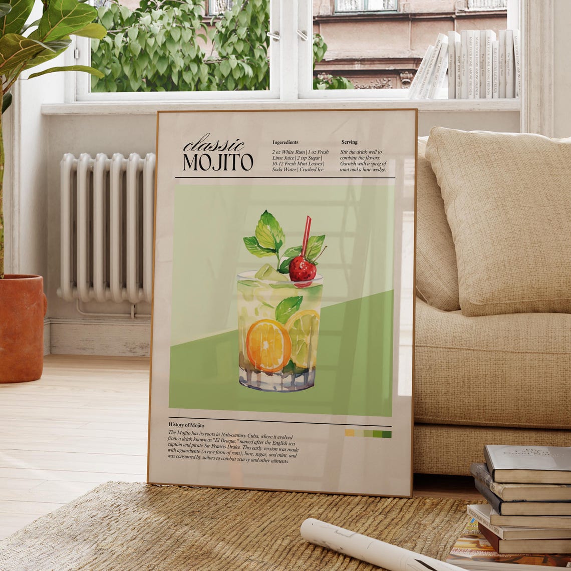 Classic Mojito Cocktail Recipe Poster Fresh Mint Lime Green Bar Decor