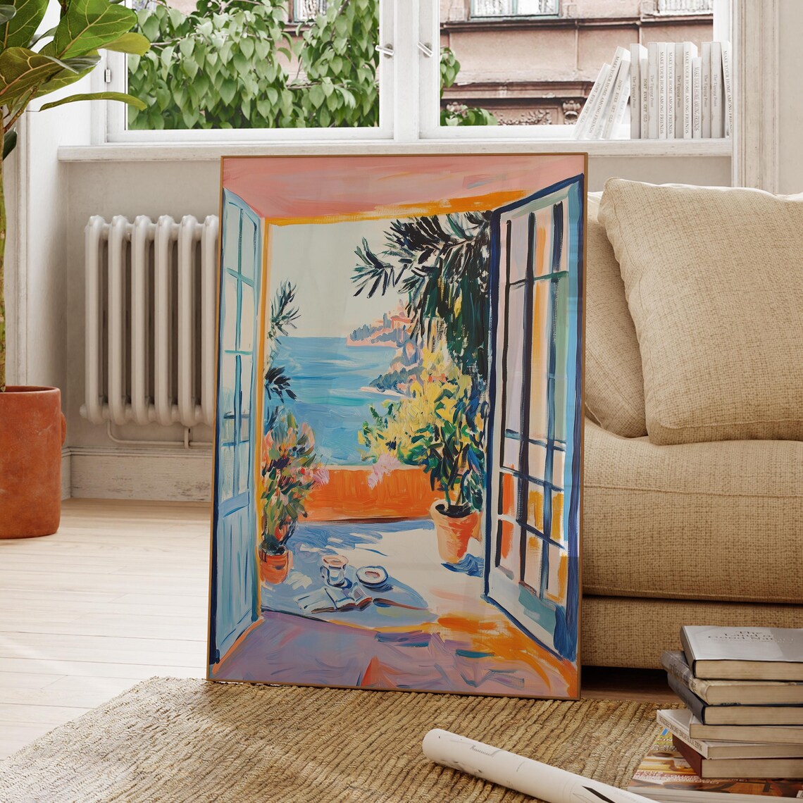 Matisse Style Open Window Terrace With Coffee Cups Overlooking Sea Poster