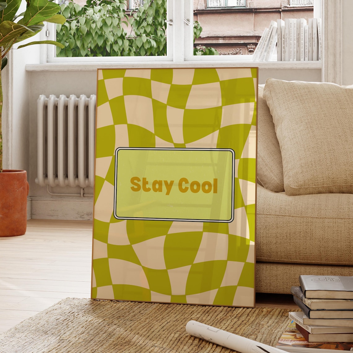 Stay Cool Retro Green Checkerboard Groovy 70s Style Fun Positive Vibe Poster