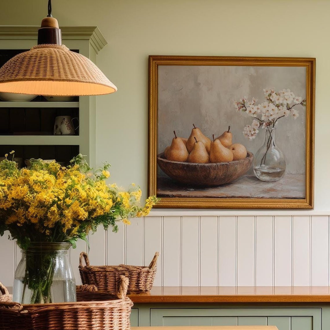 Vintage Pears Still Life Spring Blossoms Rustic Kitchen Poster
