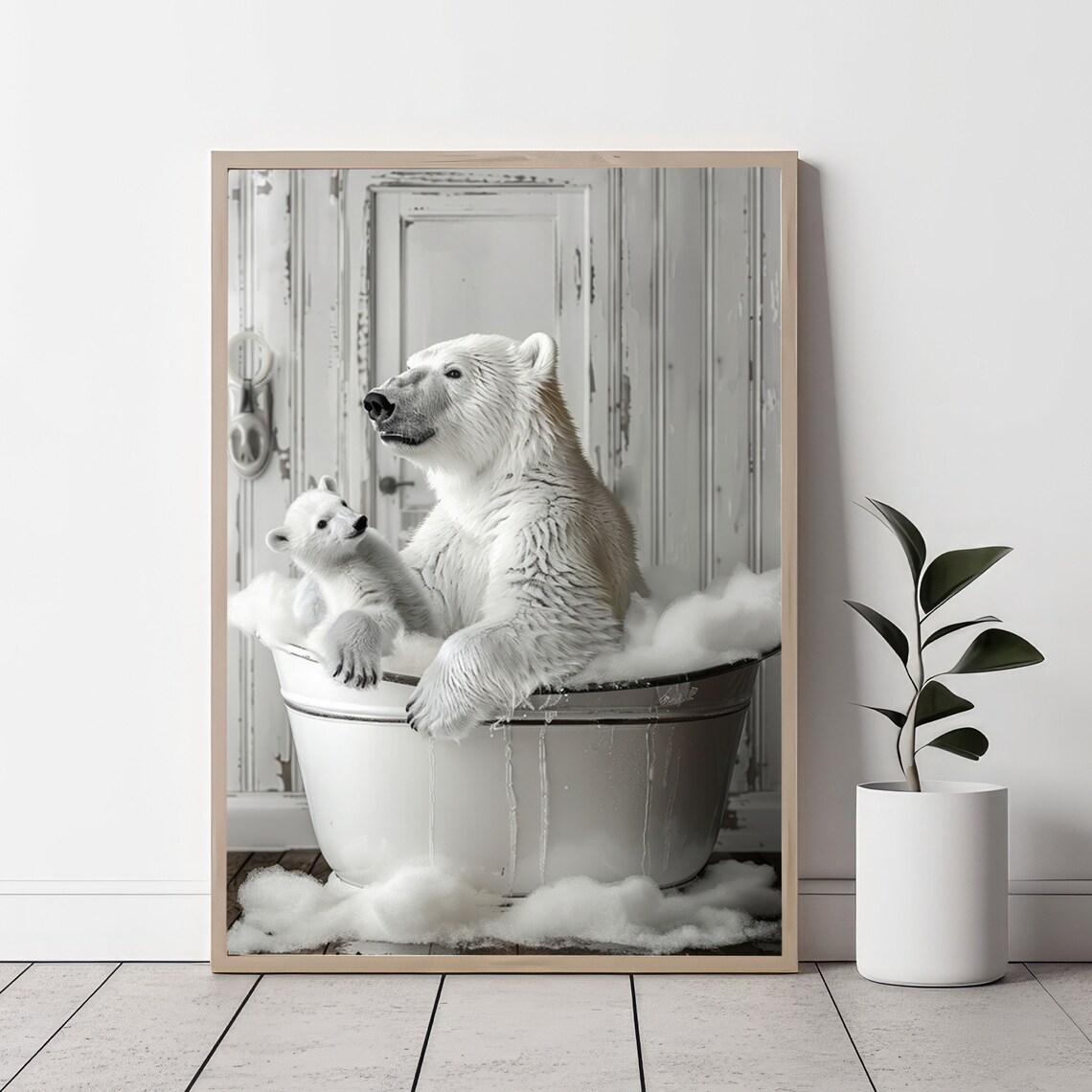 Polar Bears in Tub Bathroom Art Print, Black and White