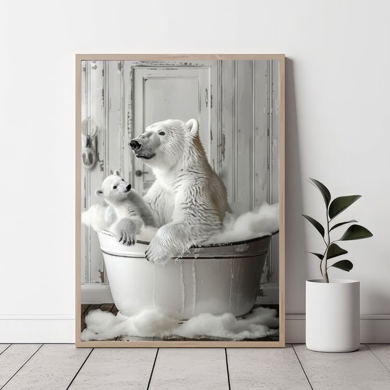 Polar Bears in Tub Bathroom Art Print, Black and White