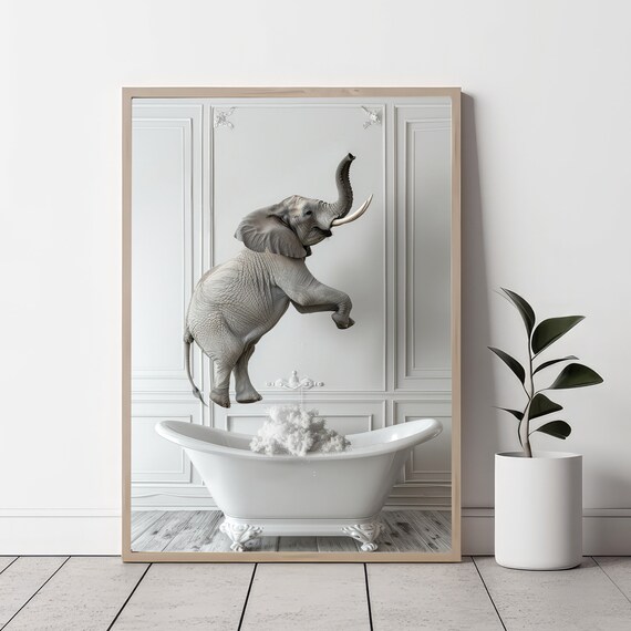 Baby Elephant Jumping Into Bathtub Playful Nursery Animal Poster