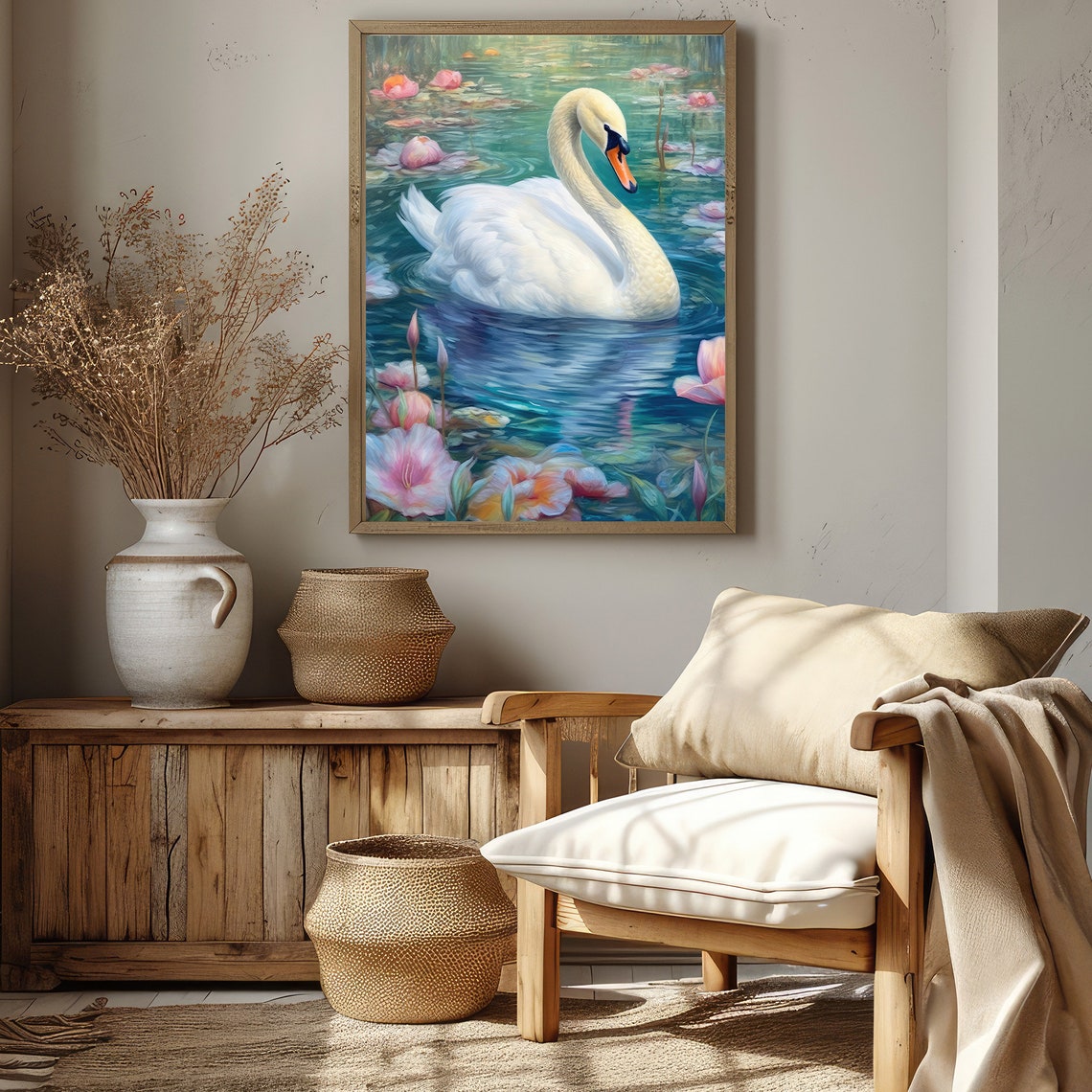 Swan With A Pink Flower Print Soft Girl Aesthetic Painting Dreamy Balletcore Wall Art Pastel Coquette Aesthetic Teen Girl Bedroom Bow - Image 2