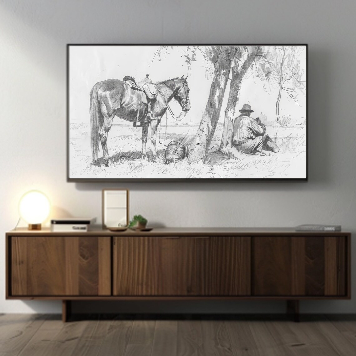 Vintage Cowboy Resting Under Trees With Horse Pencil Sketch Poster - Image 3