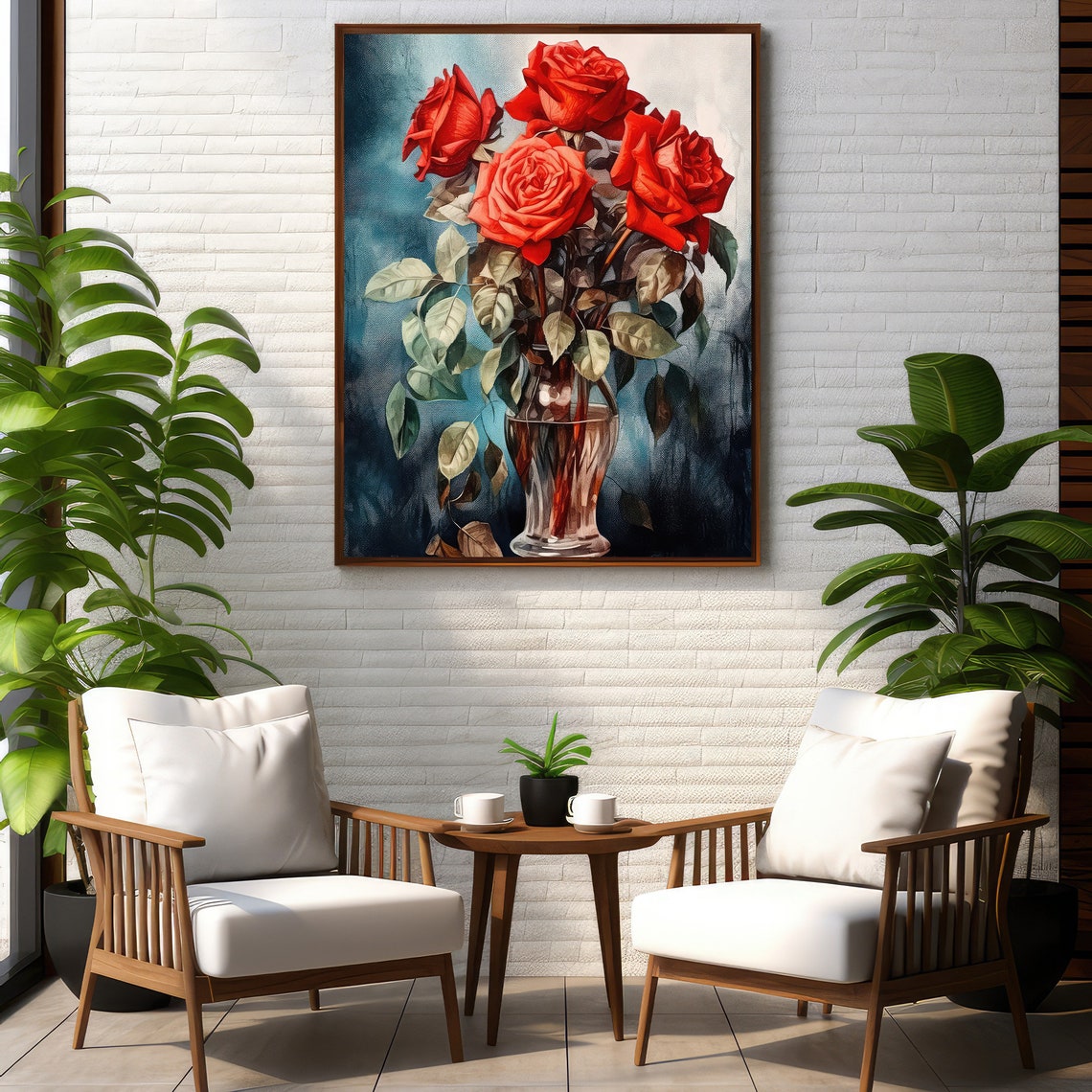 Red Roses Glass Vase Painting Moody Floral Still Life Wall Art - Image 3