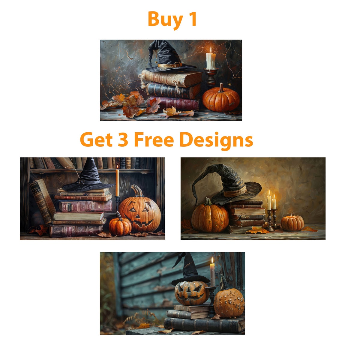 Witch Hat Spell Books Pumpkin Candle Halloween Still Life Poster - Image 4
