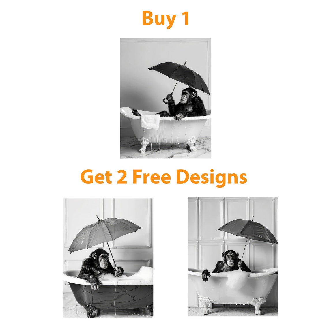 Funny Chimpanzee With Umbrella In Bathtub Black And White Poster - Image 6