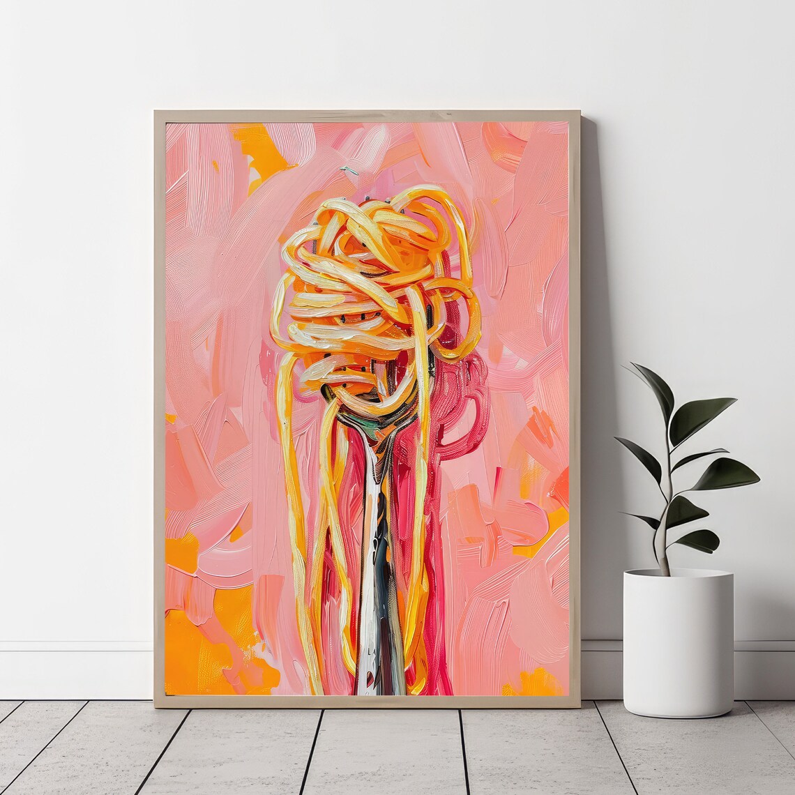 Playful Spaghetti Twirled On Fork Oil Painting Food Art Poster