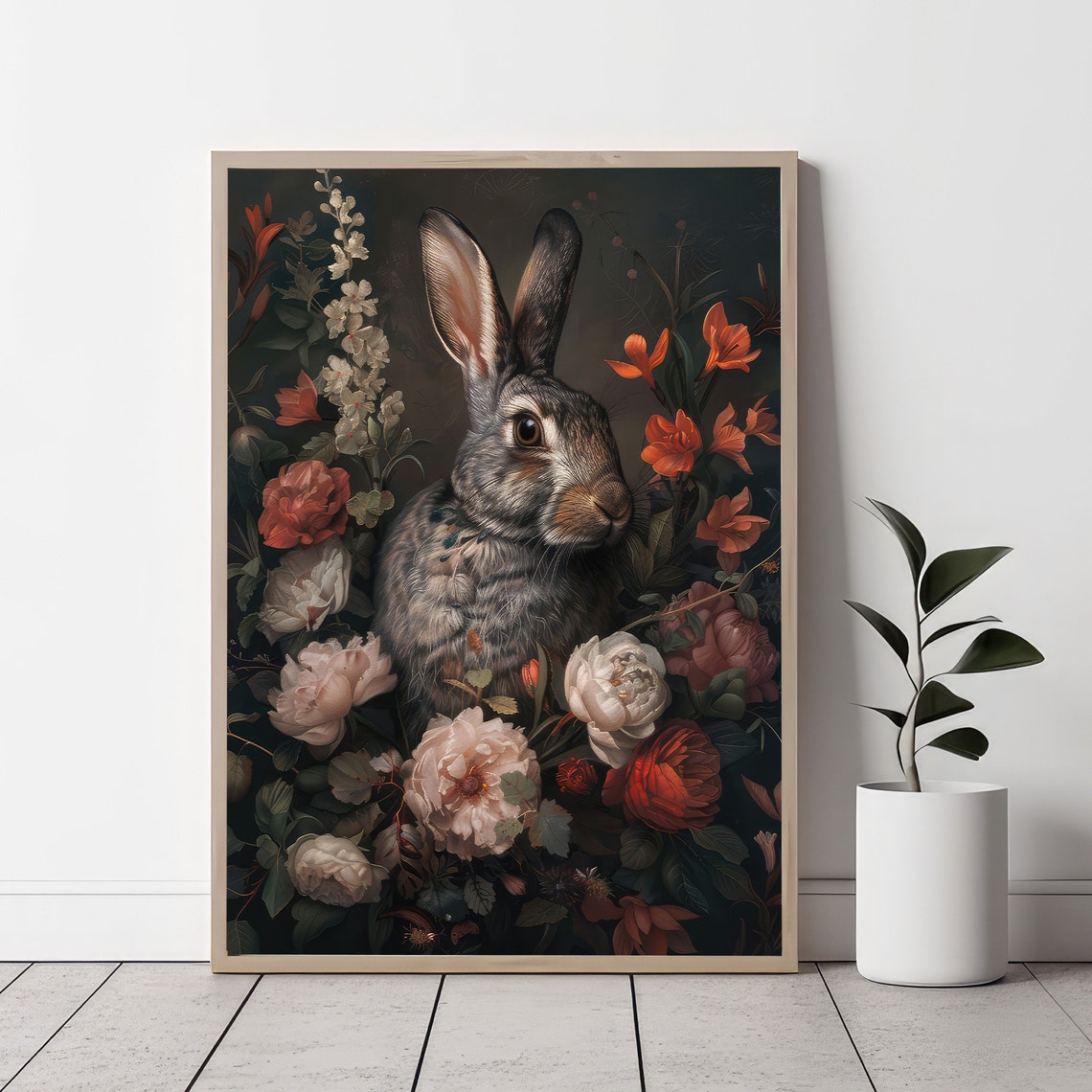 Elegant Rabbit Portrait Among Flowers Dark Botanical Art Poster