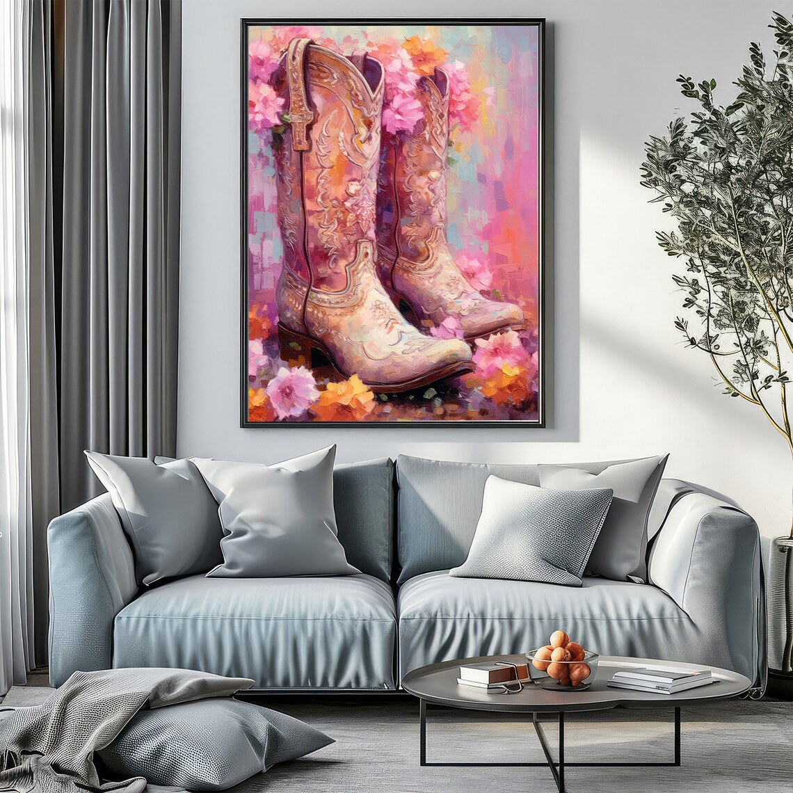 Embossed Tan Cowboy Boots Among Pink Flowers Western Art Poster - Image 3