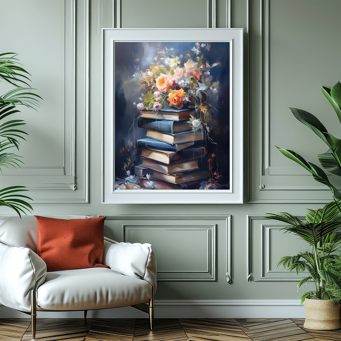 Moody Book Stack Painting Dark Roses Floral Library Decor Wall Art - Image 6