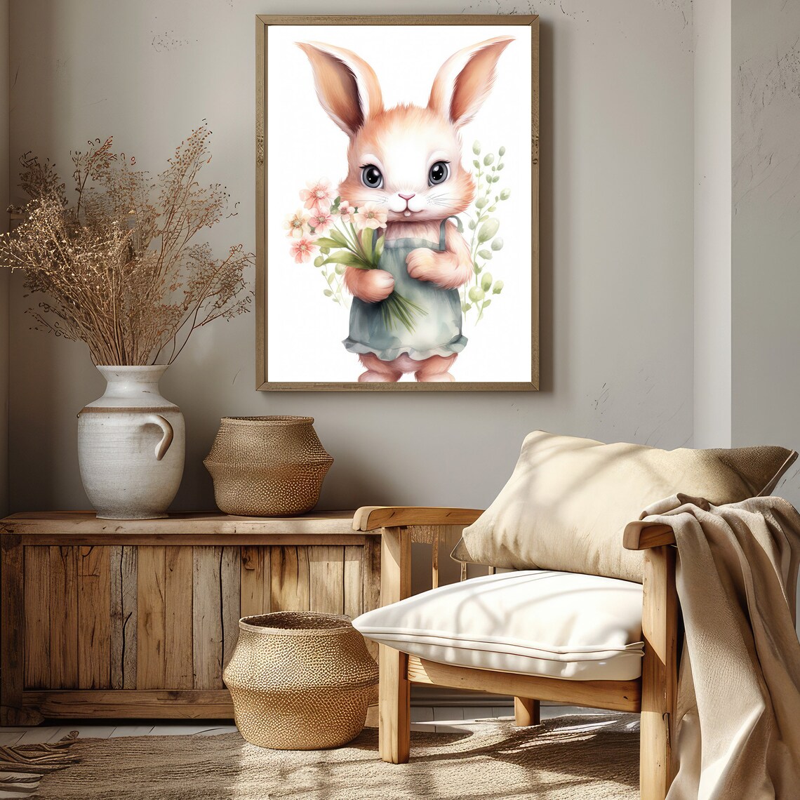 Bunny Holding Flowers Watercolor Painting Nursery Rabbit Baby Wall Art - Image 3