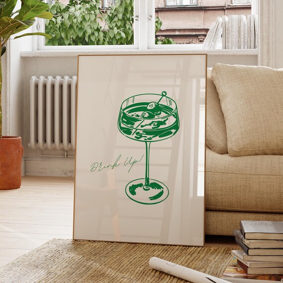 Drink Up Green Martini Glass Retro Cocktail Bar Decor Poster