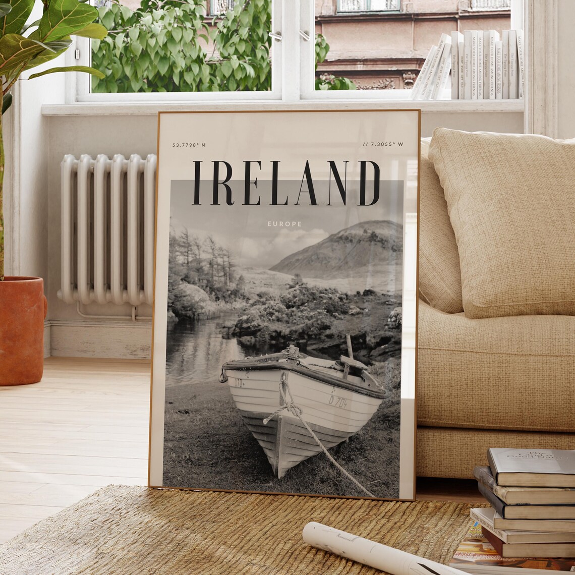 Ireland Europe Black White Fishing Boat Shore Photography Poster