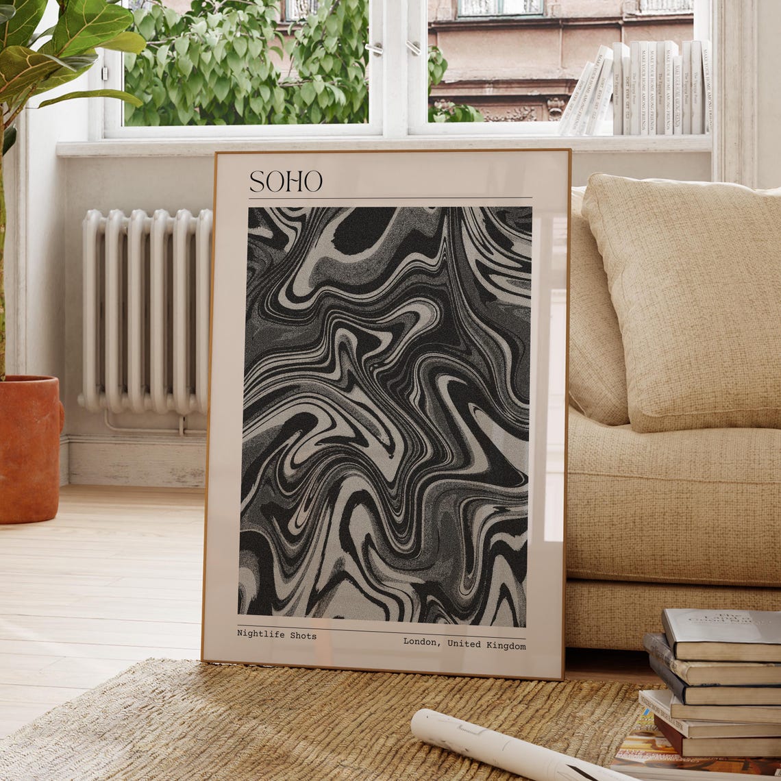 Monochrome Soho London Nightlife Black Marble Swirl Abstract Poster