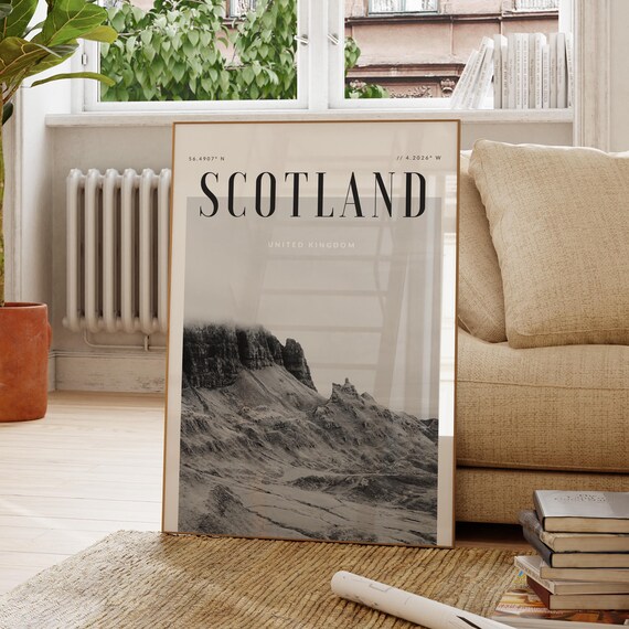 Scotland Black White Craggy Peaks Mist United Kingdom Travel Poster