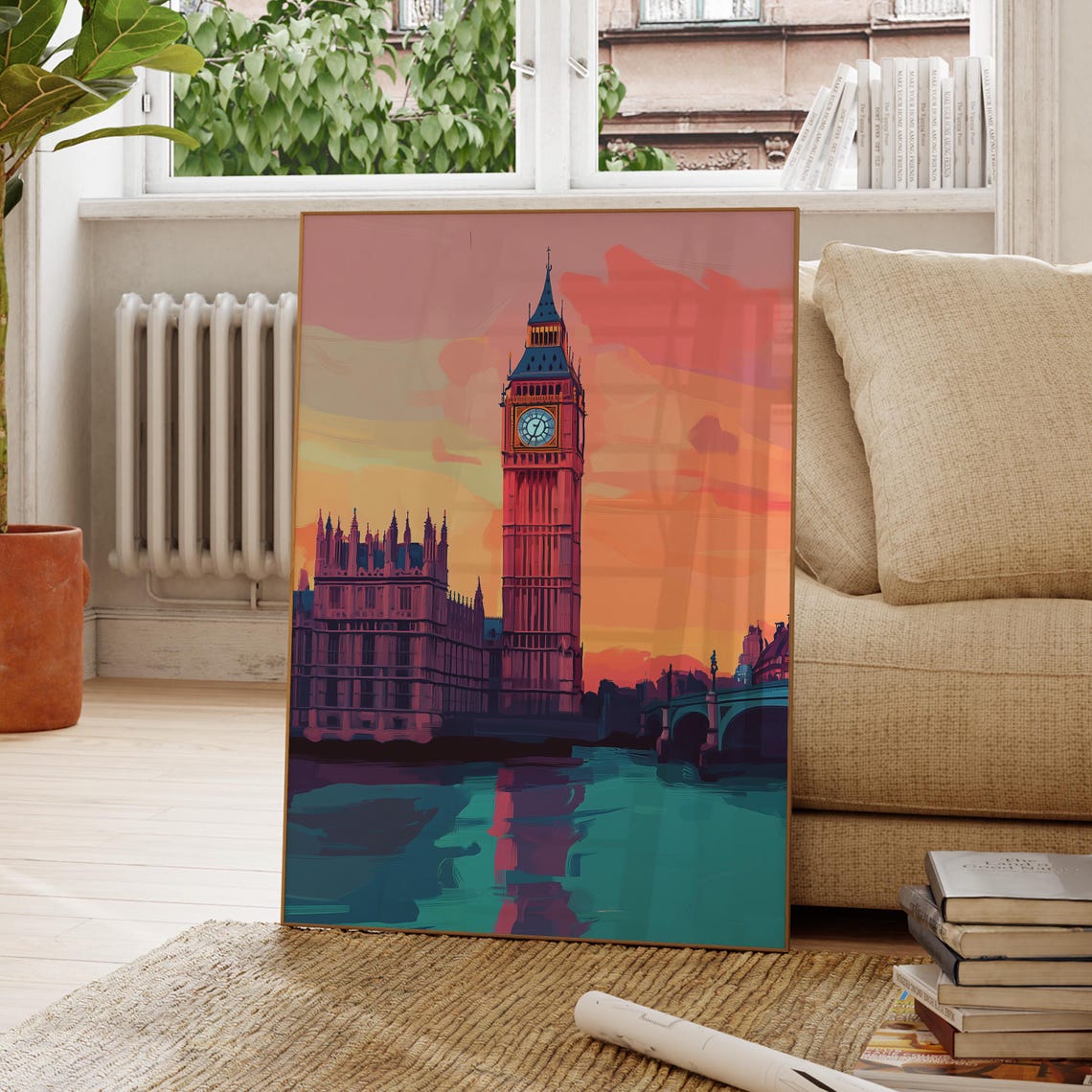 Big Ben London Pink Sunset Teal River Romantic Skyline Poster
