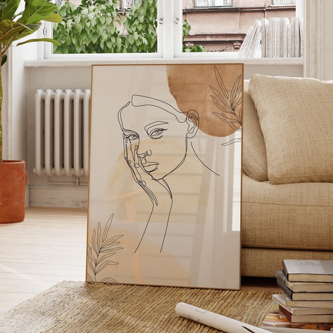 Abstract Woman Face Line Art Beige Minimal Boho Portrait Poster