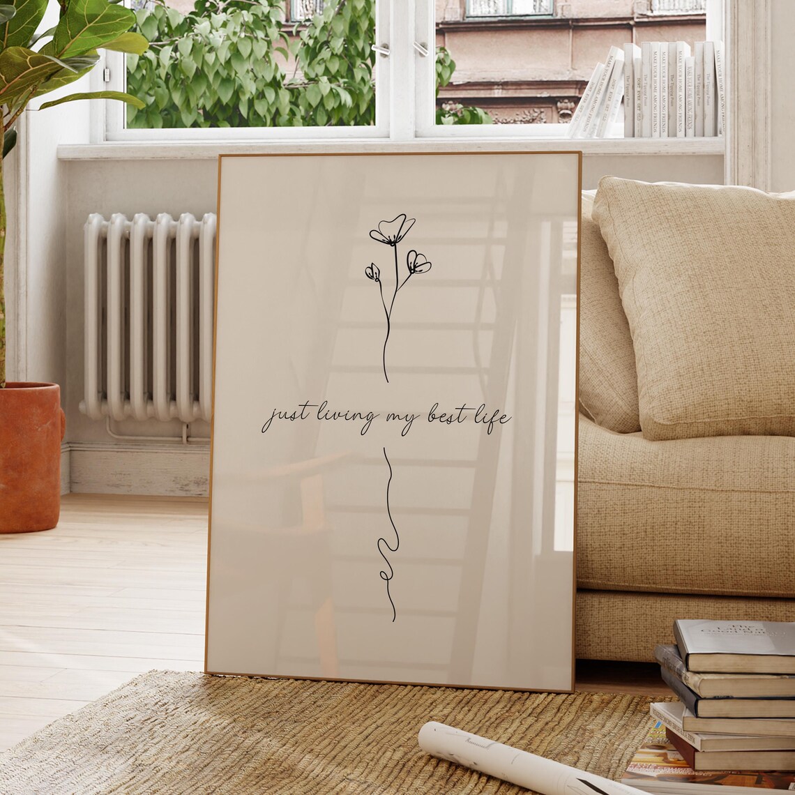 Just Living My Best Life Minimalist Line Flower Script Quote Art Poster