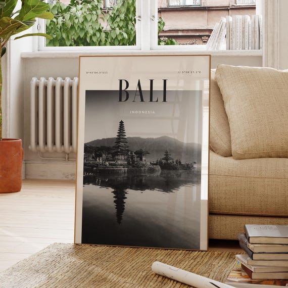 Bali Indonesia Modern Travel Wall Art Design Black And White Print Wanderlust Decor Home Office