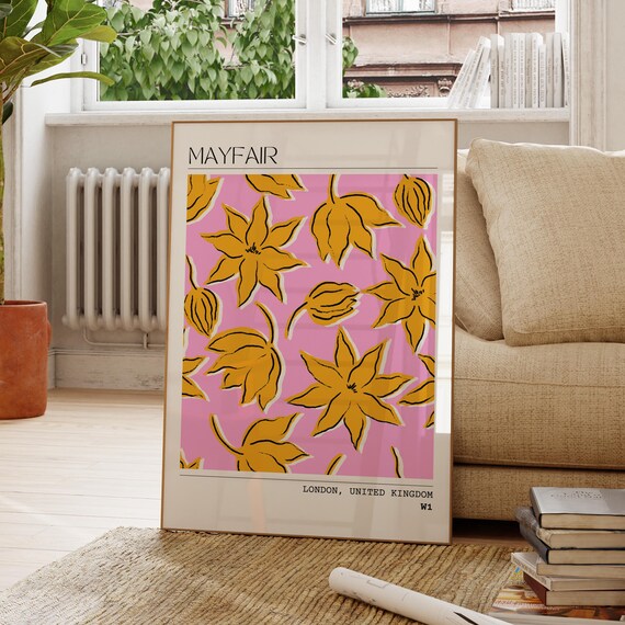 Mayfair London Bold Yellow Blossom Pink Pop Floral Travel Art Poster