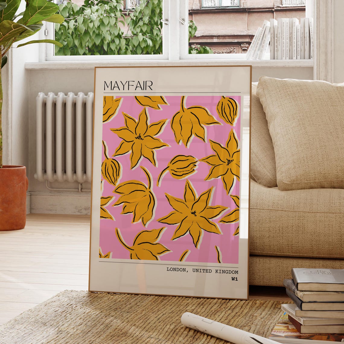 Mayfair London Bold Yellow Blossom Pink Pop Floral Travel Art Poster