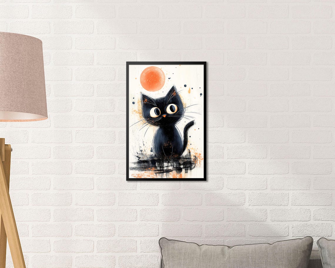Black Cat Under Orange Moon Japanese Ink Style Minimal Wall Art - Image 2