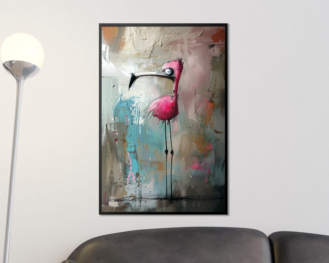 Crazy Pink Flamingo Quirky Abstract Painted Canvas Style Wall Art